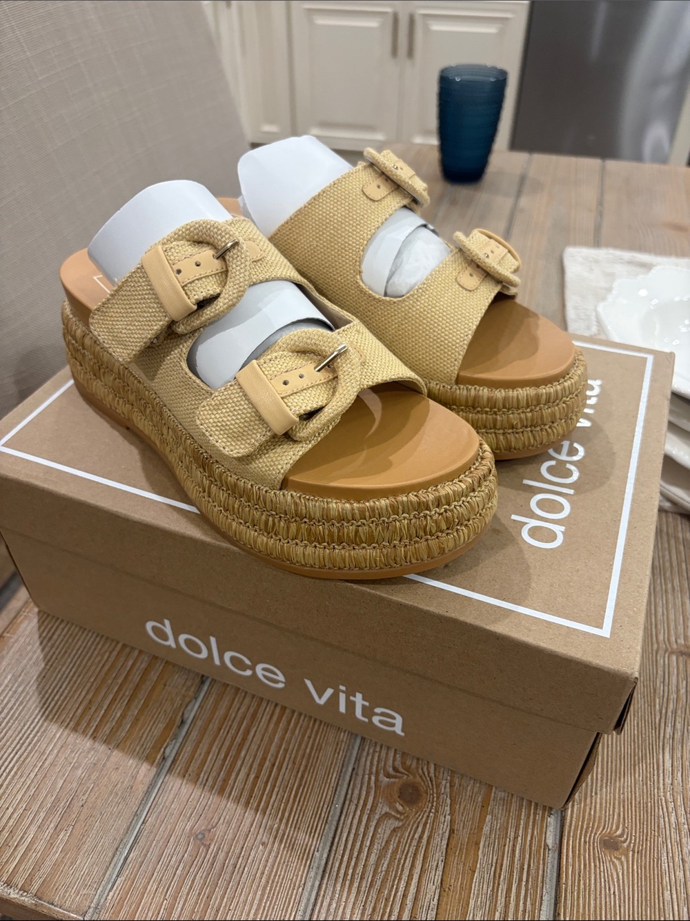 NEW Dolce Vita Woven Double-Buckle Espadrille Platform Slides in Tan Size 7